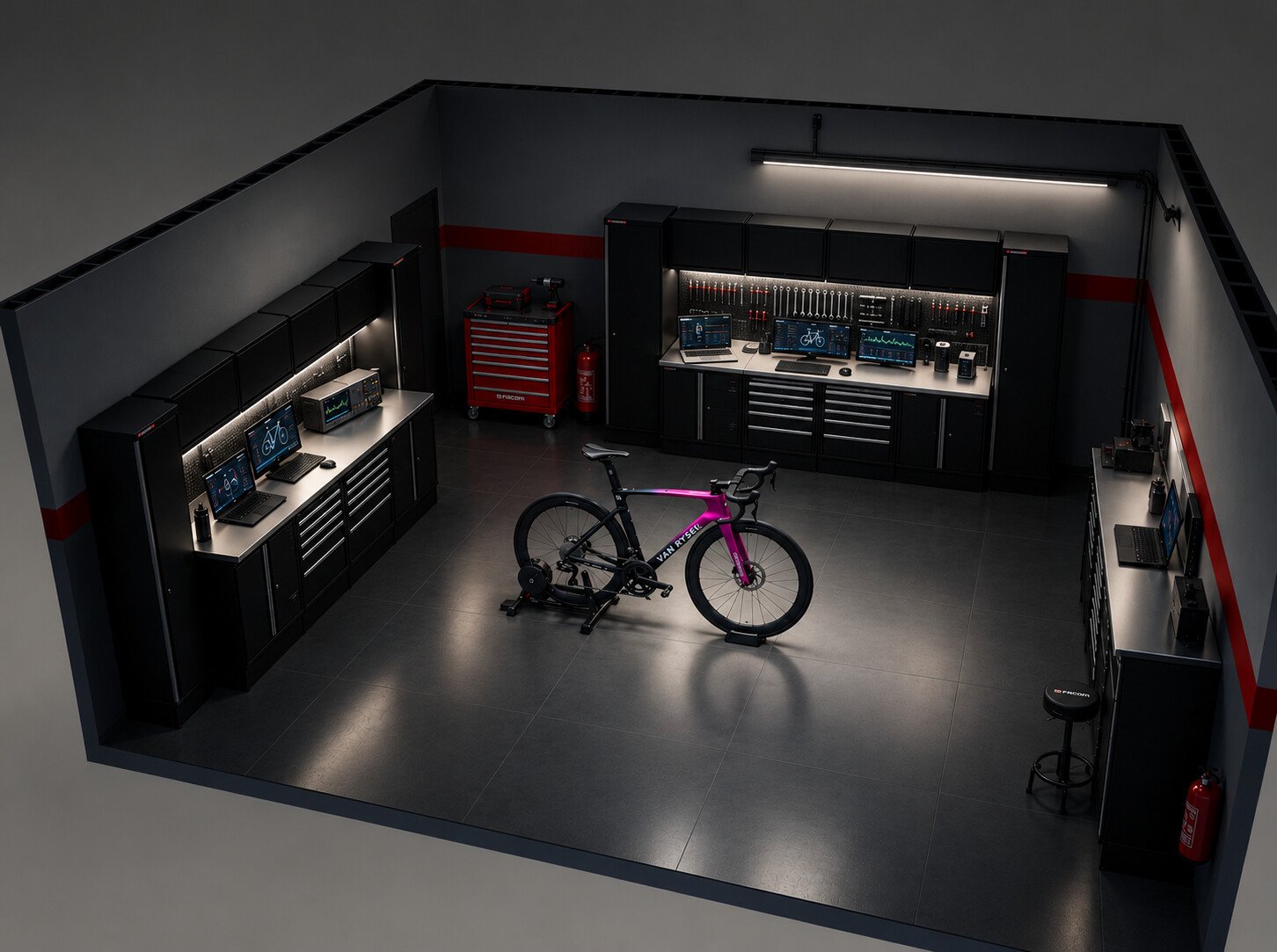 Vue 3D du Pitlane Garage : mobilier d'atelier noir et rouge, un vélo Van Rysel au centre