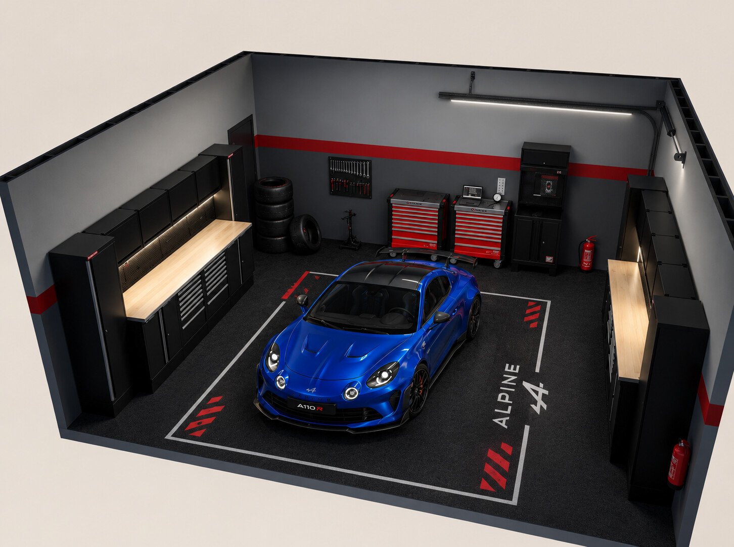 Vue 3D du Pitlane Garage avec une Alpine A110